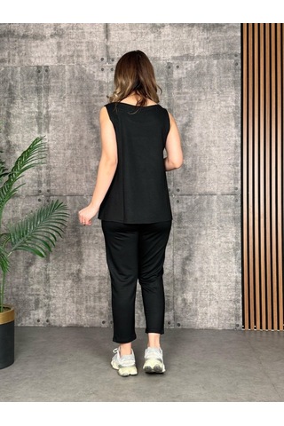 Ahes Shopping Kadın Askılı Yuvarlak Yaka Viskon Iki Iplik Bluz Ve Eşofman Altı Ikili Takım Siyah