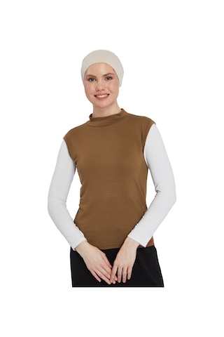 Organik Kolsuz Balıkçı Yaka Likralı Kadın Sıfır Kol Body Açık Çikolata