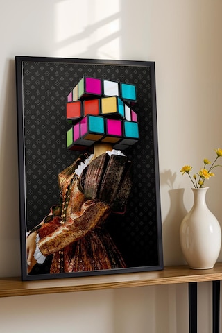 Rubik Küpü Kafalı Kadın Çerçeveli Tablo Rönesans Tarzı Renkli Küp Başlıklı Modern Ofis Dekoru Modifiye Sanat