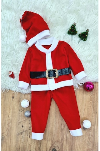 Royaleks Erkek Çocuk Noel Baba Yılbaşı Kostümü Şapkalı Kemerli Bebek Kostümü Kırmızı