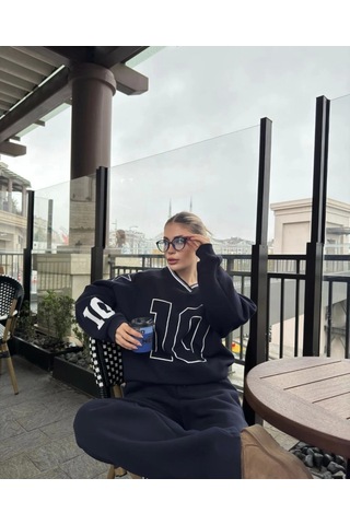 Simala V Yaka Üç İplik Sweat Takım - Siyah Siyah