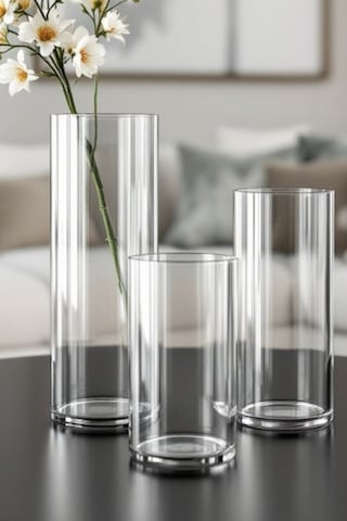 10 Çap - 15-20-25 Cm Yüksek Kalite Cam Silindir Vazo 3lü Set El İşçiliği Beyaz