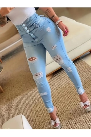 Valensdesign Kadın Yüksek Belli Önden Düğmeli Yırtık Detaylı Kot Pantolon Mavi