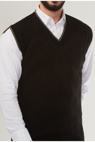 Kamalı Siyah Erkek V Yaka Triko Örgü Tüylenmez Süveter Regular Fit Saç Örgü Desenli Siyah