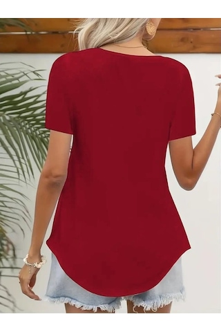 Kadın Kısa Kollu Kare Lazer Yakalı Janjan Krep Bluz Kırmızı