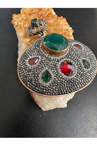 Aysesa Otantik Gümüş Kolye 925 Ayar Yeşim Zümrüt Lal Markazit Zirkon Taş