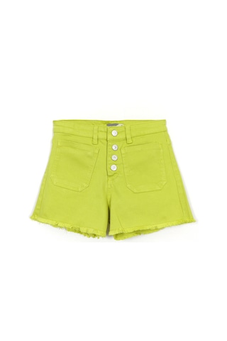 Düğme Ve Cep Detaylı Yağ Yeşili Renk Kız Çocuk Eskitme Paça Kot Şort 001-0002053 Yeşil