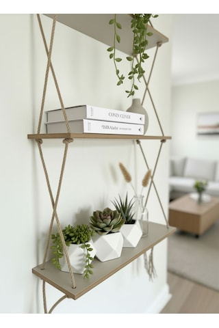 Aruat Ahşap Dekoratif Tasarım Özel İşlemi 3 Lü Halatlı Raf Kitaplık Ahşap - Beyaz