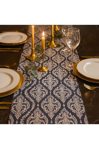 Zarif Desenli Gri Duck Kumaşmasa Runner I - Lüks Dokulu Sofra Aksesuarı 40x140 Cm Gri