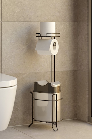 Teknotel Yutan Kapak Çöp Kovası Ve Tuvalet Kağıtlık Mat Siyah+Gri Siyah