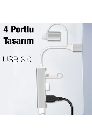 Ally A-806 4in1 Type-c + Usb Girişli Usb 3.0 Çoğaltıcı Hub Adaptör Çevirici- 5775 Gri