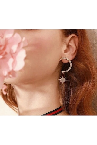 Girift Vintage Ay Ve Yıldız Modelli Küpe Gümüş