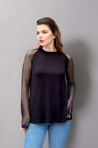 Kolları Tül Taşlı Bluz Siyah
