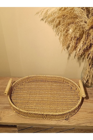 Hasır Rattan Bambu Kulplu Örme Tepsi Geniş Boy Oval Diğer