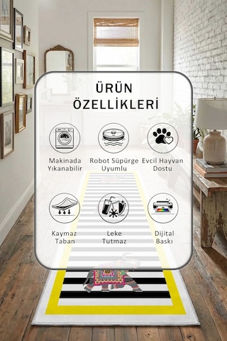 Filsiz Sarı Beyaz Dijital Baskılı Kaymaz Yıkanabilir Yolluk