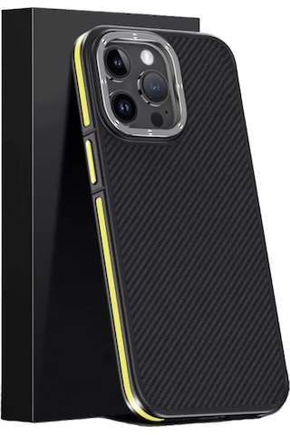 Joko Apple Uyumlu iPhone 15 Pro Kılıf Aramid 600d Kevlar Karbon Fiber Magsafe Kapak - Sarı Resimdeki