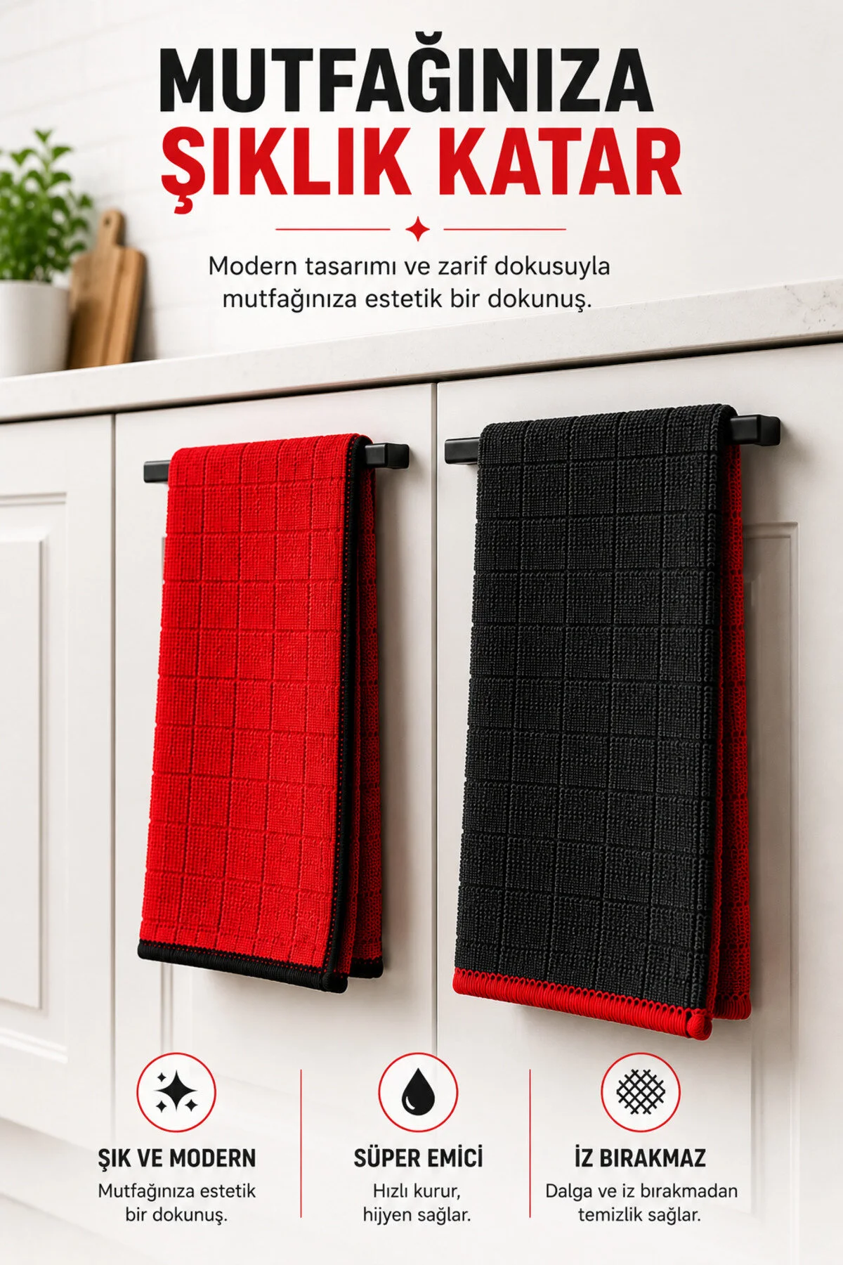 Premium Red & Black 2'li Kareli Mikrofiber Mutfak Bezi 40x40 Cm Süper Emici Koku Yapmaz Iz Ve Tüy Bırakmaz Kırmızı- Siyah