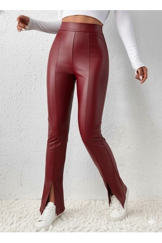 Kadın Yüksek Bel Önden Yırtmaçlı Deri Tayt Kırmızı