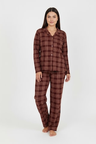 Bravie Luxury Soft Kahverengi Ekose Desenli Uzun Kollu Kadın Pijama Takımı Büyük Beden 3009 Kahverengi