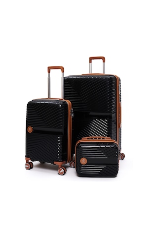 Elatae Exclusive Pro Polipropilen Kırılmaz 3'lü Valiz Seti Büyük - Kabin Boy Ve Makyaj Çantası Siyah - Camel 5239