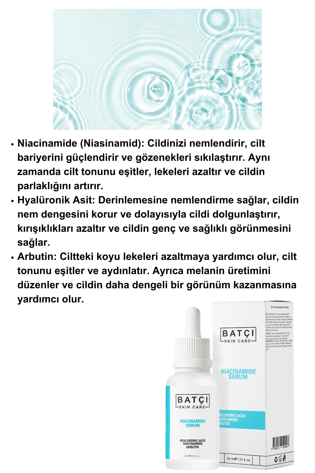 Nemlendirici Ve Aydınlatıcı Hyalüronik Asit, Arbutin, Niacinamide Serumu - 30ml