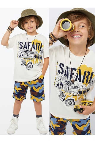 Denokids Erkek Çocuk Takım Safari Baskılı %100 Pamuk T-shirt Şort Yazlık Takım Çok Renkli