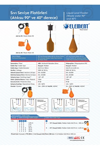 Element Fte-2000b 20 Metre 40 Atık Su Kauçuk Kablolu Seviye Flatörü