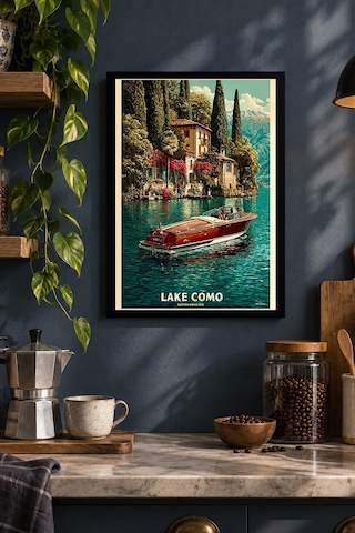 Göl Ve Tekne Vintage İllüstrasyonu Desenli Dekoratif Mdf Tablo, Çerçeve Görünümlü Ahşap Poster