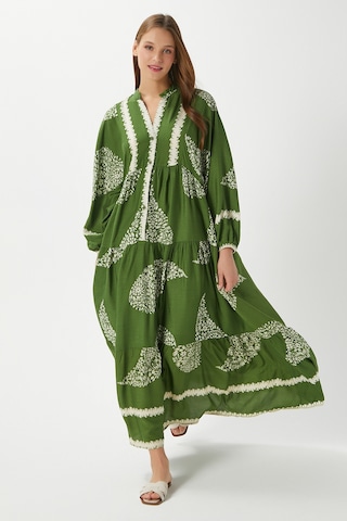 Modest Helena Yeşil Krem Kadın %100 Viskon Maksi Boy Katlı Balon Kol Uzun Yazlık Elbise Çok Renkli
