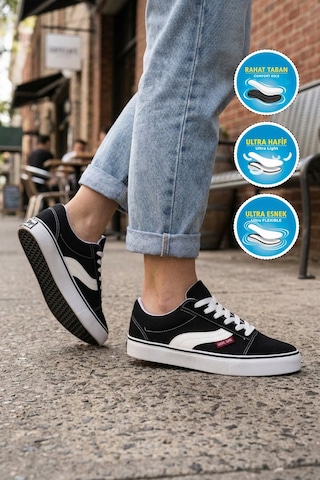 Walkway Siyah Dar Kalıp Nefes Alan Bağcıklı Keten Erkek Spor Ayakkabı Sneaker 1002 G