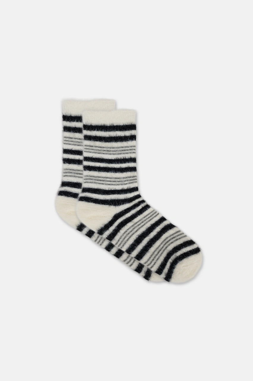 Suwen Fluffy Stripe Soket Çorap Sc1520249 Ekru / Siyah