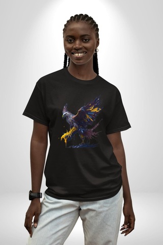 Kara Kartal Sulu Boya Pamuklu Bisiklet Yaka Unisex Oversize Boyfriend Dijital Baskılı Siyah T-shirt Siyah