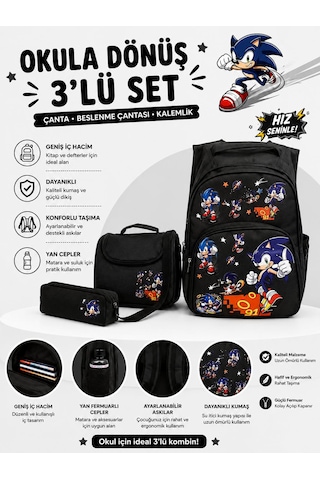 Sonic Desenli Siyah 3 Lü Erkek Çocuk İlkokul Okul Çantası + Termal Beslenme Çantası + Kalemlik