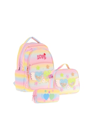 Kaukko Kids Kız Çocuk Simli Kalp Ve Çiçek Detaylı İlkokul 1.2.3.4. Sınıf Üçlü Okul Çanta Seti Sarı - Pembe