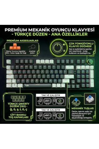 Mekanik Rgb Gaming Kablolu Klavye Mavi Switch Knob Kontrollü Ses Ayarı Türkçe Q Numpadli Full Size Gaming Keyboard Double Shot Type-c Kablolu Rgb Mekanik Örgü Kablolu Oyuncu Klavyesi