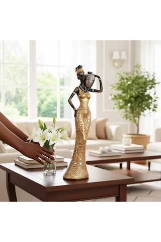 Lüks İşlemeli Geleneksel Yerel Kıyafetli Afrikalı Kadın Heykeli Dekoratif Biblo Ev Ofis Hediyesi Md2