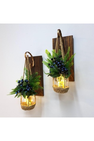 Duvar Dekoru, Led Işıklı, Mavi Kokina Çiçekli, Ceviz Aplik İkili Set