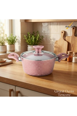 20 Cm Granit Derin Tencere Cam Kapak - Pembe Pembe