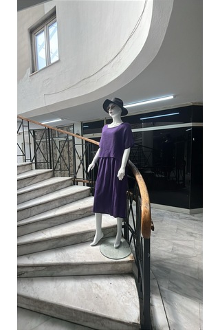 İtalyan Müslin Keteni Üstü File Bluzlu Astarlı Tek Parça Elbise-9256 Mor