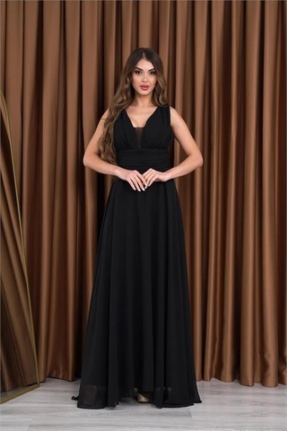 Dip Moda Kadın Siyah V-yaka Şifon Abiye Elbise Dpnb2027 Siyah