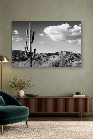 Fida Siyah Beyaz Saguaro Kaktüsü Ve Bulutlar Canvas Tablo Beyaz - Siyah