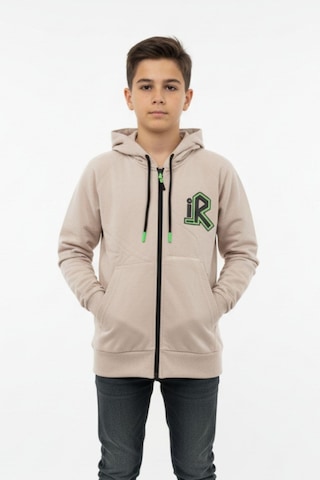 Kapüşonlu Fermuarlı Yandan Cepli Baskılı %100 Pamuk 2 İplik Mevsimlik Erkek Çocuk Sweatshirt-90935 Bej