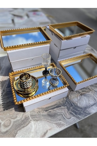 1 Adet Dikdörtgen Cam Aynalı Plastik Gold Tepsi Sunum Tepsisi 19