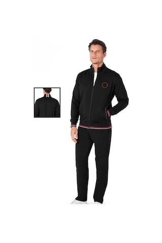 Pierre Cardin Erkek Regular Fit Pamuklu Fermuarlı Çizgi Detay Likralı Eşofman Takımı Siyah