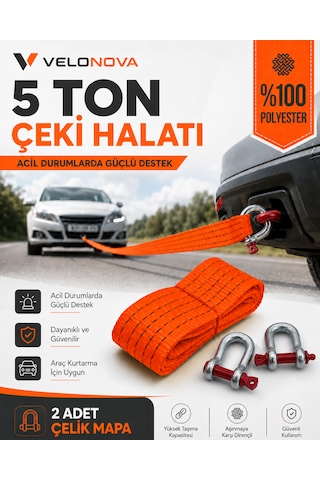5 Ton Çekme Halatı 3 Metre 5 Cm 2 Adet Omega Kilitli Çelik Mapa Ce Belgeli %100 Polyester Araç Kurtarma Halatı Kırmızı