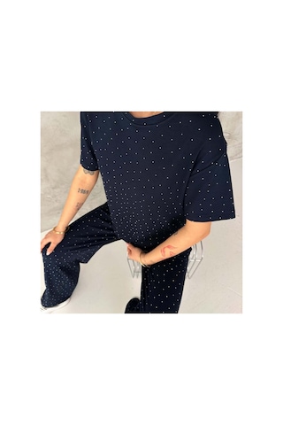 Asur Boutique Asur Butik Kadın Taşlı Bisiklet Yaka Alt Üst Takım Pantolonlu Şık Günlük Kombin Lacivert