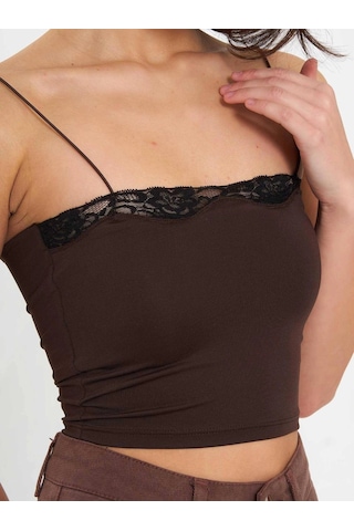 Elora Atelier Dantel Detaylı Askılı Crop Atlet Kahve