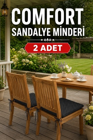 Comfort 2 Adet Sandalye Minderi Bağcıklı Özel Dikişli Süngerli Pamuklu Kumaş Sandalye Minderi Puanlı Siyah