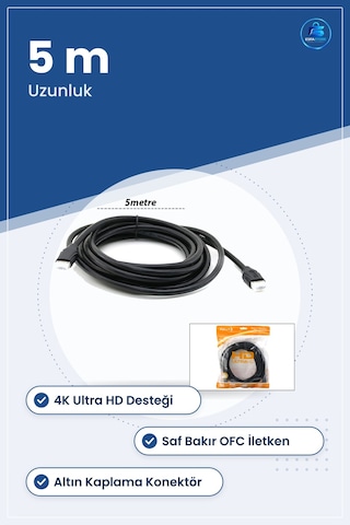Hdmı Kablo 5 M V1.4 Ultra Hd 4k Saf Bakır Ofc Altın Kaplama Telev