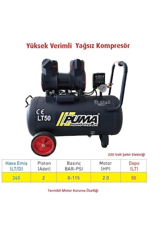 Puma PSLYH50-2M 50 L Yüksek Verimli Yağsız Kompresör